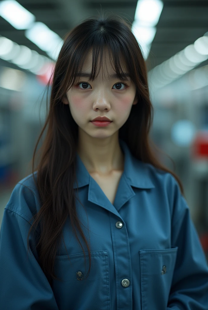 Ultra-realistic, Wide Shot, 1. woman, chinese , Straight Long Hair, big, A sharp gaze shines, Long eyelashes, A car factory uniform, indoor, Bokeh effect, Written boundary depth, Ultra-realistic, Professional photography, Cinema Lighting