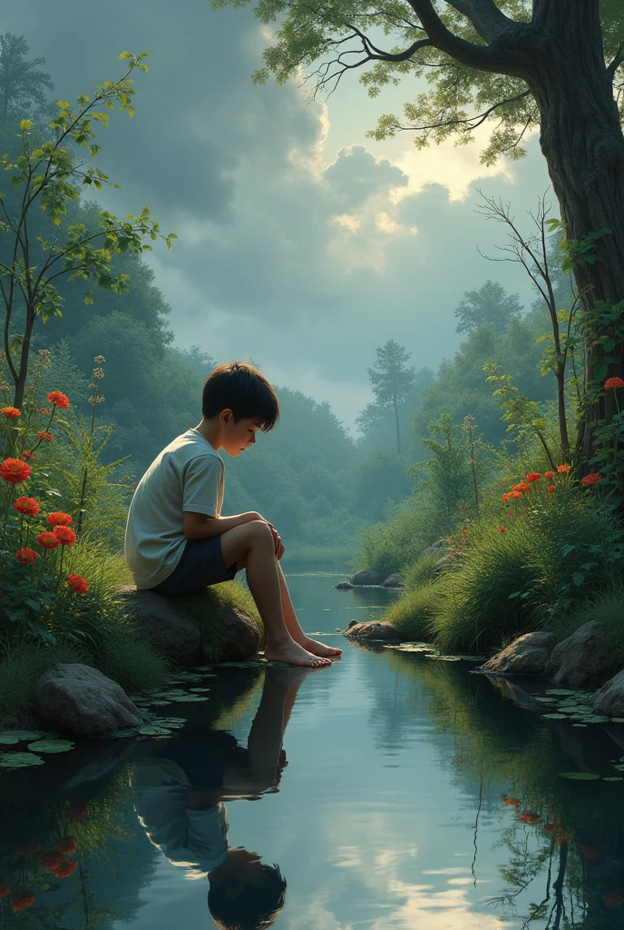 Boy sitting near river and beautiful garden . Sky is full cloudy dark gray . Boyseeing his image in water