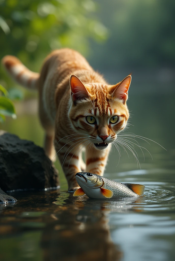 (photorealism:1.2), a solo cat catching fish on mouth