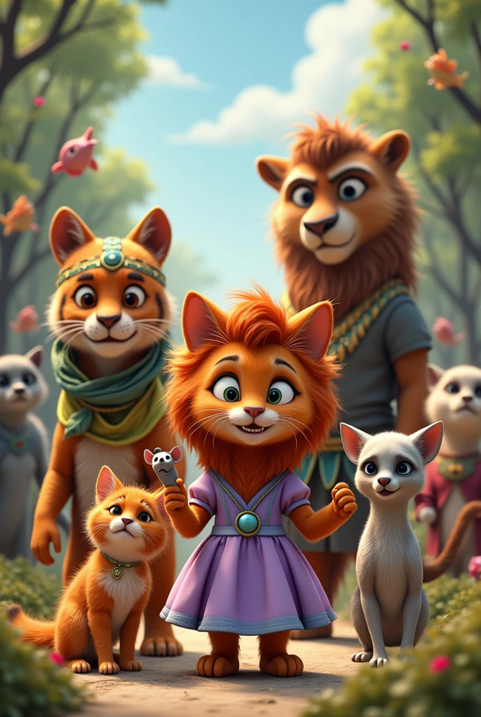 Orange animated cat with black stripes holding a mouse in his hand and his lion a fox princess in a lilac dress, Next to him a Rottweiler dog with bad dog clothes and a brave face along with a chihuahua and a vulture with evil faces and a tiger dressed as God and in the back a fish, a jaguar, A polar bear and a dinosaur in random clothes