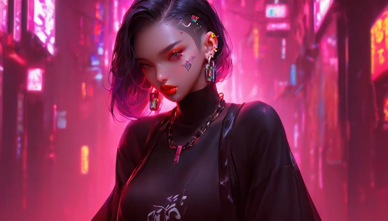 Sex pose,ecchi pose,luxury pose,full body ,with tattoo, tongue out,fingers in face pose,cyberpunk art inspired by Yanjun Cheng, nun, earrings and ear piercing, vibrant colors, saturation ,