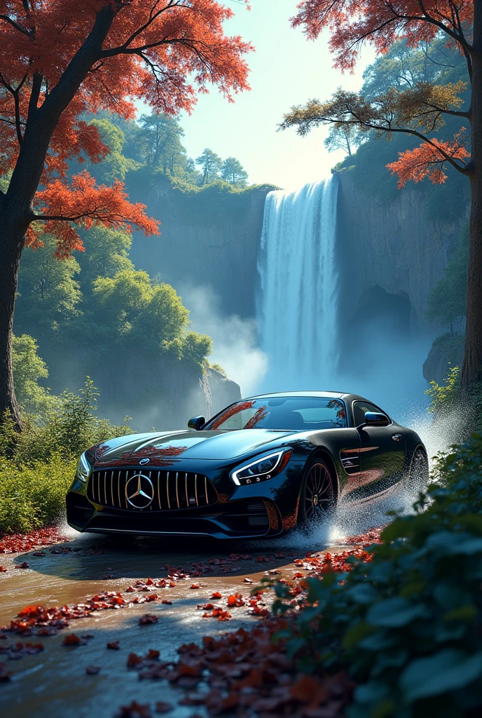 A black car driving in forest with water fall with red and blue trees 