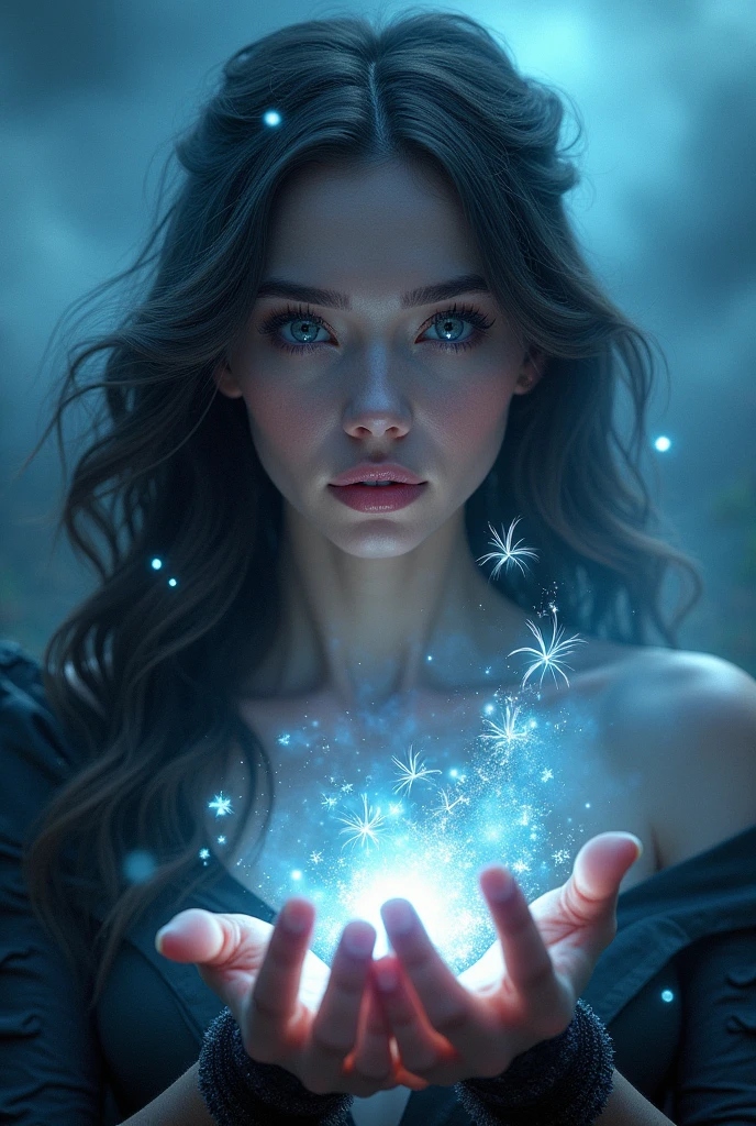a woman with magical powers, beautiful detailed eyes, beautiful detailed lips, extremely detailed eyes and face, long eyelashes, glowing skin, flowing long hair, magical energy aura, floating magical elements, levitating, surreal landscape, dark clouds, moody lighting, dramatic shadows, fantasy, digital art, cinematic, vibrant colors, photorealistic, (best quality, 4k, 8k, highres, masterpiece:1.2), ultra-detailed, (realistic, photorealistic, photo-realistic:1.37)