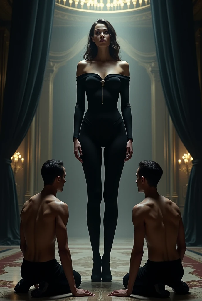 A MAN AND A MAN KNEELING BEFORE A GIANT WOMAN IN TIGHT BLACK CLOTHES, HUGE HALL WITH BLACK CURTAINS