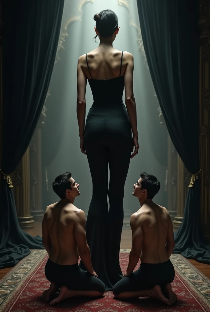 A MAN AND A MAN KNEELING BEFORE A GIANT WOMAN IN TIGHT BLACK CLOTHES, HUGE HALL WITH BLACK CURTAINS
