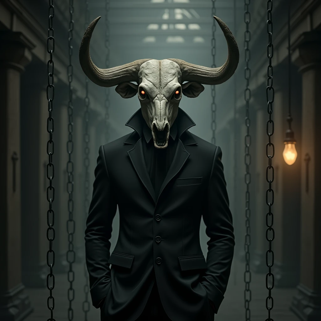 A man in a black suit and a bull skull with a destroyed horn instead of a head, in a dark environment, with chains hanging from the ceiling and a hanging lamp emitting a dim light.