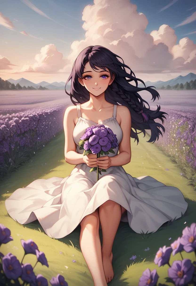 (masterpiece), 1girl, 1women, solo focused, anime style, expressive eyes, innocent smile, large purple sparking eyes, field of purples flowers, black hair, valley, purple flower in ear, smiling, slender figure, beautiful valley, wind, long black hair, violet eyes, braided hair, wind blowing, hair flying, twilight, sunset, beautiful scenery, clouds, sitting on the ground, flower fired, blushing, looking at viewer, seating next to viewer POV, holding flowers, beautiful sundress, barefoot