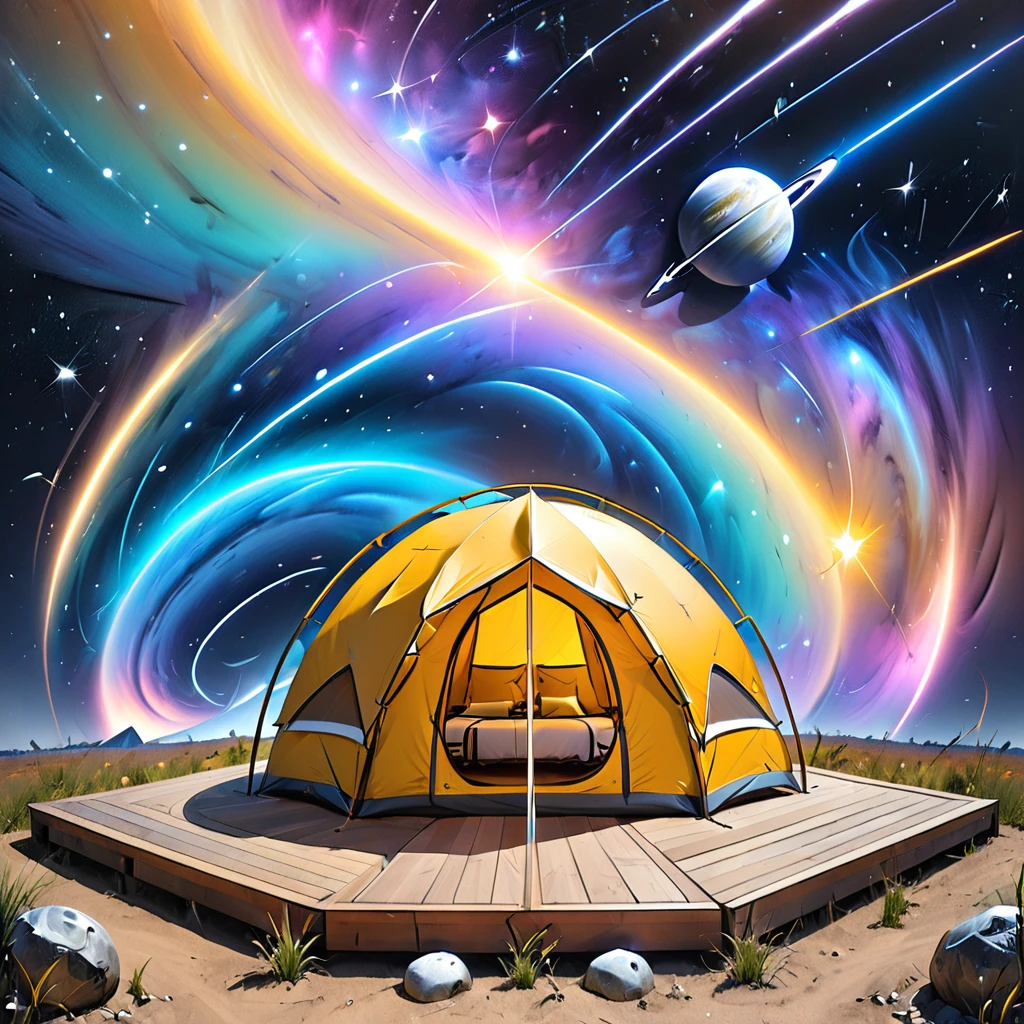 Glamping、symbol、Three-dimensional、Shine、Shine、gold、The background is a large galaxy