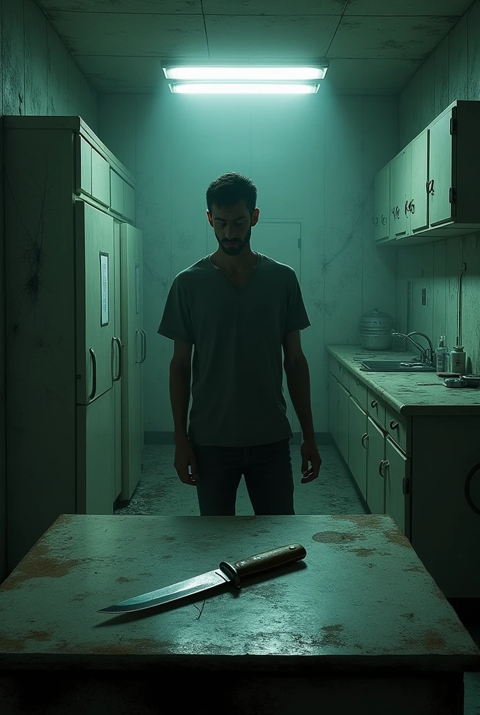 Abandoned hospital, man finds a knife to defend himself on a table in the supply room