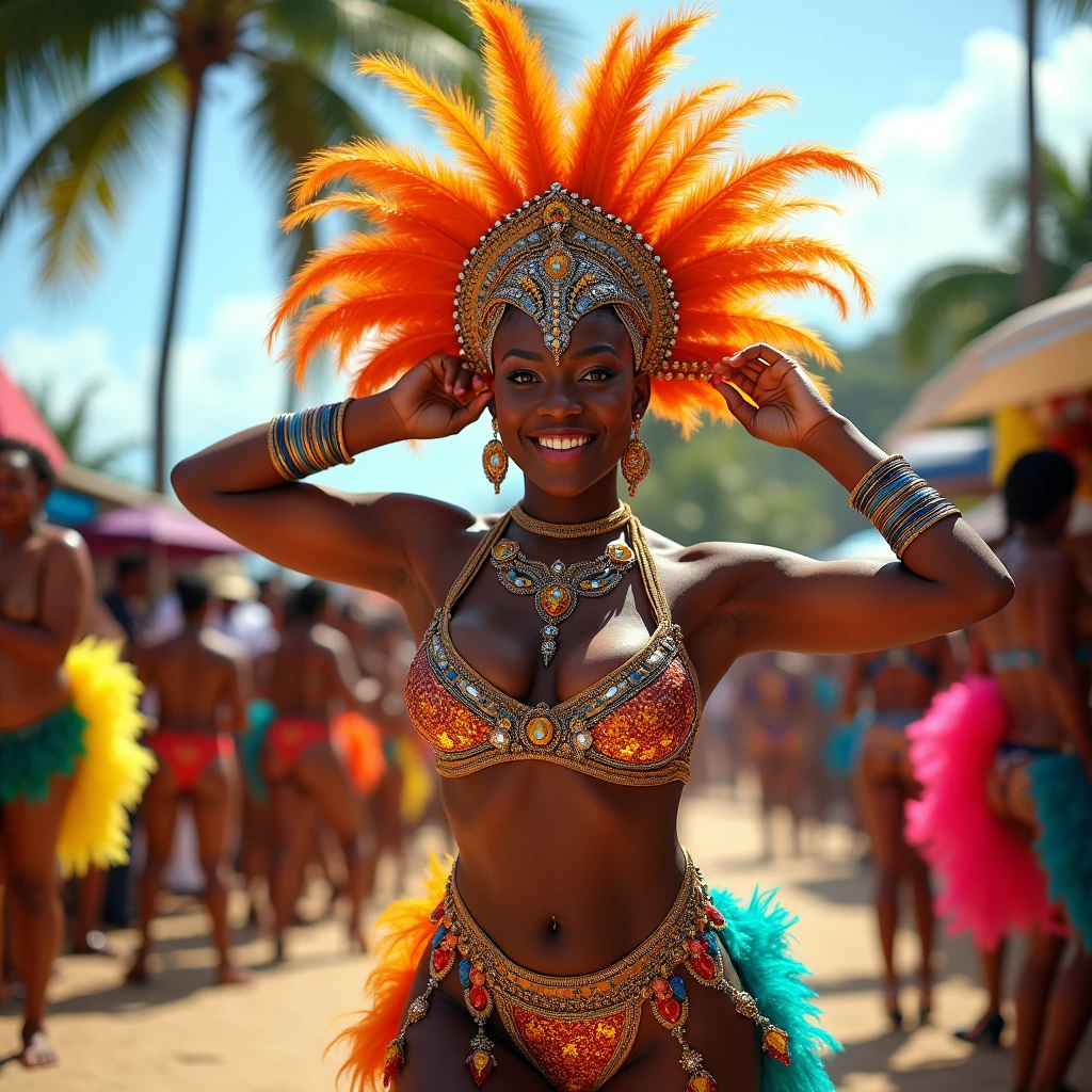 A photo of a woman with dark skin and a radiant glow, performing at the Trinidad Carnival. She has a curvy and strong figure, exuding confidence and pride. She is wearing an elaborate, colorful carnival costume that accentuates her curves, adorned with intricate beadwork, sequins, and feathers. The costume features a bold headdress with a large plume of multicolored feathers in shades of yellow, green, blue, red, and orange. Her outfit is form-fitting, decorated with sparkling gems and intricate patterns that highlight her shape. She confidently poses with one hand on her head, exuding joy and celebration. The background captures the lively atmosphere of the carnival, with palm trees, the ocean, and other participants in bright costumes, all set against a sunny, tropical backdrop. The lighting enhances the richness of her dark skin and the vibrancy of her costume, creating a scene full of life and color.