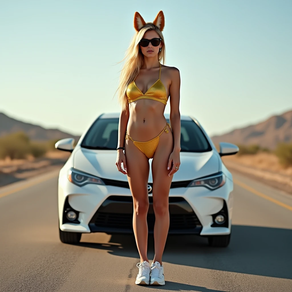 woman, 30 years, athletic body, White skin, blonde hair, huge breasts, huge buttocks, athletic legs, open legs, dark sunglasses, golden bikini, tennis Nike, fox ears, posing in front of a white 2016 toyota corolla car, in the middle of a deserted road, Photo taken with Canon EOS 5DS, hp (mejor calidad,4k,8K,alta resolución,obra maestra:1.2),ultra detallado,(Realista,photoRealista,photo-Realista:1.37)