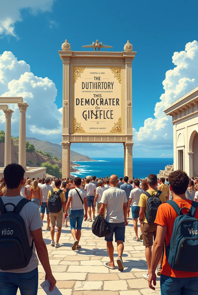 Generate me an image in Greece with a sign that says democracy and voting