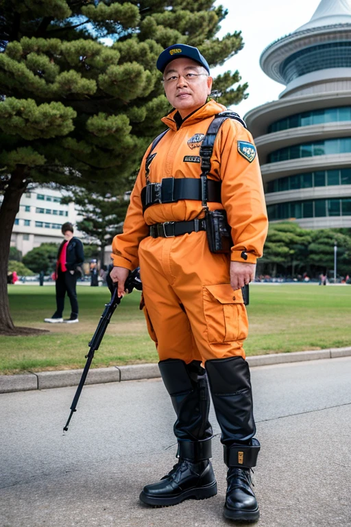 ((Highest quality)), ((masterpiece)), (detailed),2 Cosplayers, One person_Princess of Otasar, One person_Home Security Guard_Fully equipped,Tokyo Big Sight (outdoors),full-blown,Lots of photographers