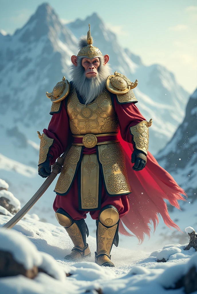 (Snow Scenery), "The journey to the West", monkey king Sun wukong wear golden armor. Beautiful cinematic lighting, surreal, color graded, dynamic movement, captivating chiaroscuro, (special effects:0.1), full body, award-winning, cinematic still, emotional, vignette, dynamic, vivid, (masterpiece, best quality, photorealistic, Professional, perfect composition, very aesthetic, absurdres, ultra-detailed, intricate details:1.3)