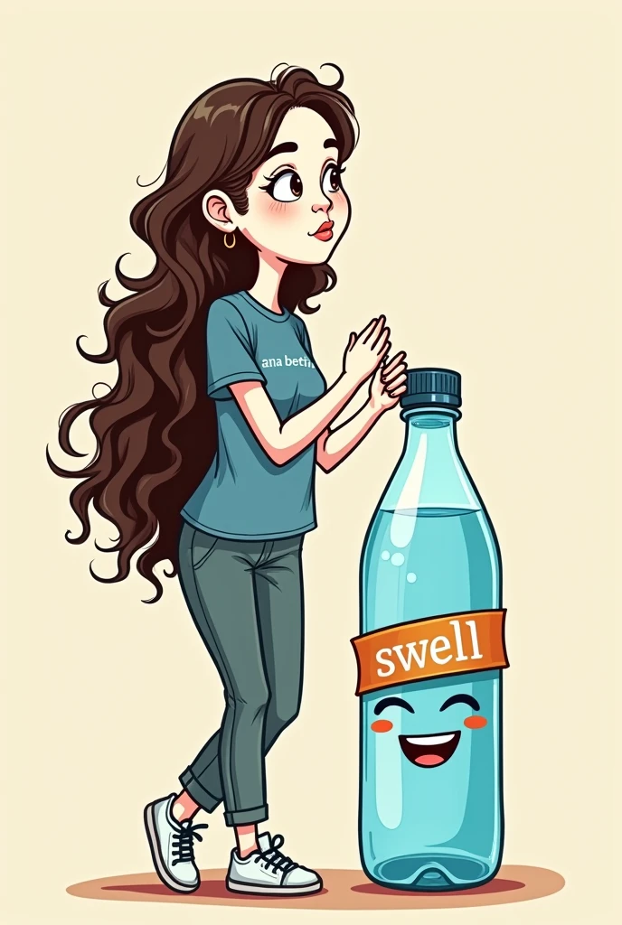A WHITE, with dark brown eyes and long brown curly hair,with a shirt :“ANA BEATRIZ” playing with a smiling water bottle with a banner saying: “SWELL”, I WANT IT IN CARTOON