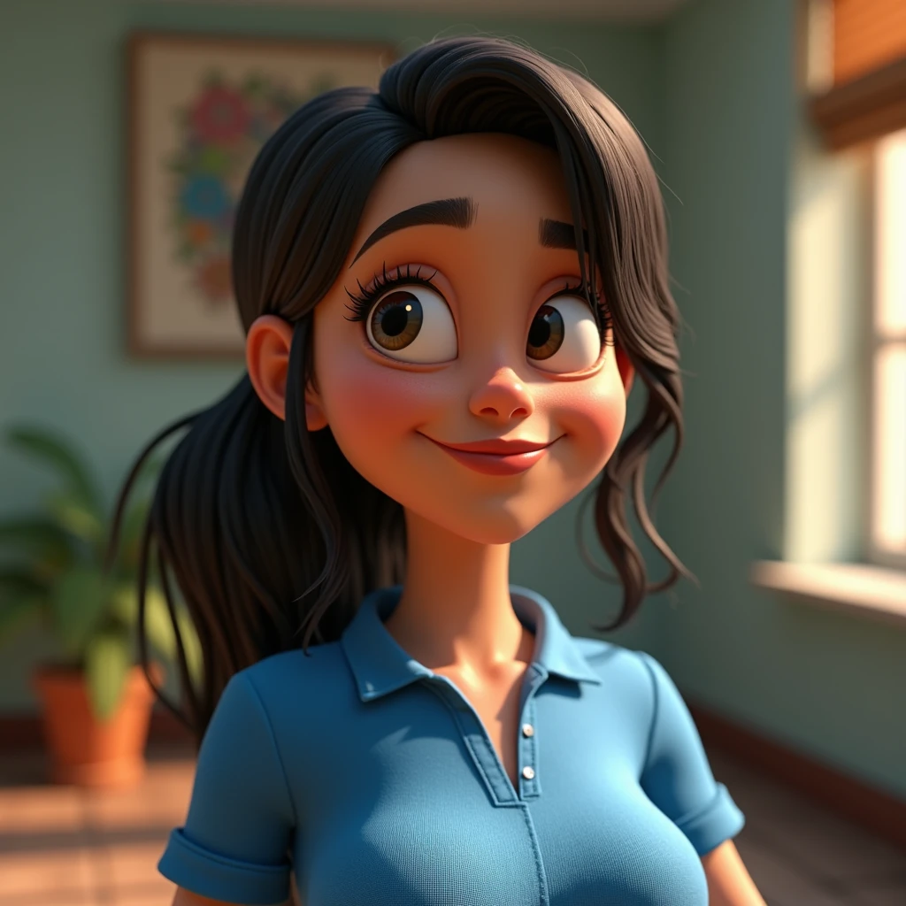 cartoon character de uma mulher brasileira com uma camisa azul, forehead a little big. big breasts animation character, stylized character, animation style rendering, 3d stylized, Arnold Maya rendering, Stylized 3D rendering, toon render screenshot, 3d character, 3d character, Stylized 3D rendering, 3D character rendering, cartoon character, Personagem de close up, character posing, (Pixar-style) (master part:1.2) (bokeh) (best quality) (skin detailed) (detailed texture) (8k) (Argilla) (cinematic lighting) (sharp focus