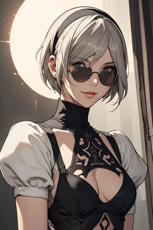 {erotic face,looking away,enchanting smile} BREAK {solo, (2B of Nier Automa:1.4)), (slender body,small breasts),(lightbrown_lightwhite colored hair:1.4, short cut hair), (medium mouth:1.2),(narrow and sharp eyes:1.4,blue-glay eyes,sparkling eyes:1.1) BREAK {(Nier_Automata_2B costume:1.2),(black hairband:1.4),(small round sun glasses:1.2)} BREAK {(cleavage between breasts:1.2)},{(masterpiece,best quality, 16K illustration, UHD, extremely detailed CG, detailed beautiful face and eyes and skin and hair)}