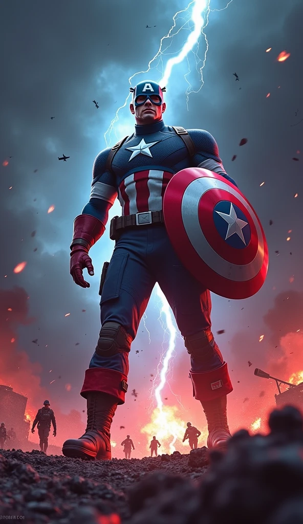 Depict Captain America walking through a battlefield frozen in time, with a striking contrast between his vibrant presence and the static, monochromatic world around him. Captain America is at the center of the image, moving forward with purpose, his shield at the ready, and his face set in a serious, contemplative expression as he surveys the scene.
The battlefield around him is filled with soldiers in mid-action—some caught in the act of charging, others frozen as they fall, and a few locked in intense combat. Explosions are suspended in mid-air, with debris and shrapnel hanging motionless, capturing the violence of the moment in perfect stillness. The scene should convey a sense of chaos halted in its tracks, with everything except Captain America frozen as if time itself has been paused.
The colors of the battlefield are muted, almost black and white, emphasizing the eerie stillness. In contrast, Captain America remains in full, vibrant color, his red, white, and blue uniform standing out against the desaturated background. The ground beneath him shows the scars of battle—craters, torn earth, and scattered weapons—highlighting the devastation around him.
A faint, distorted ripple effect should emanate from Captain America as he moves, subtly indicating his control over time. In the distance, the outlines of tanks and warplanes can be seen, also frozen in time, with trails of smoke hanging motionless in the air. The sky above is dark and foreboding, with thick clouds that seem to press down on the scene, adding to the oppressive atmosphere.
The overall composition should evoke a sense of both power and isolation, as Captain America navigates through a moment torn from the flow of time, reflecting on the consequences of his newfound ability.