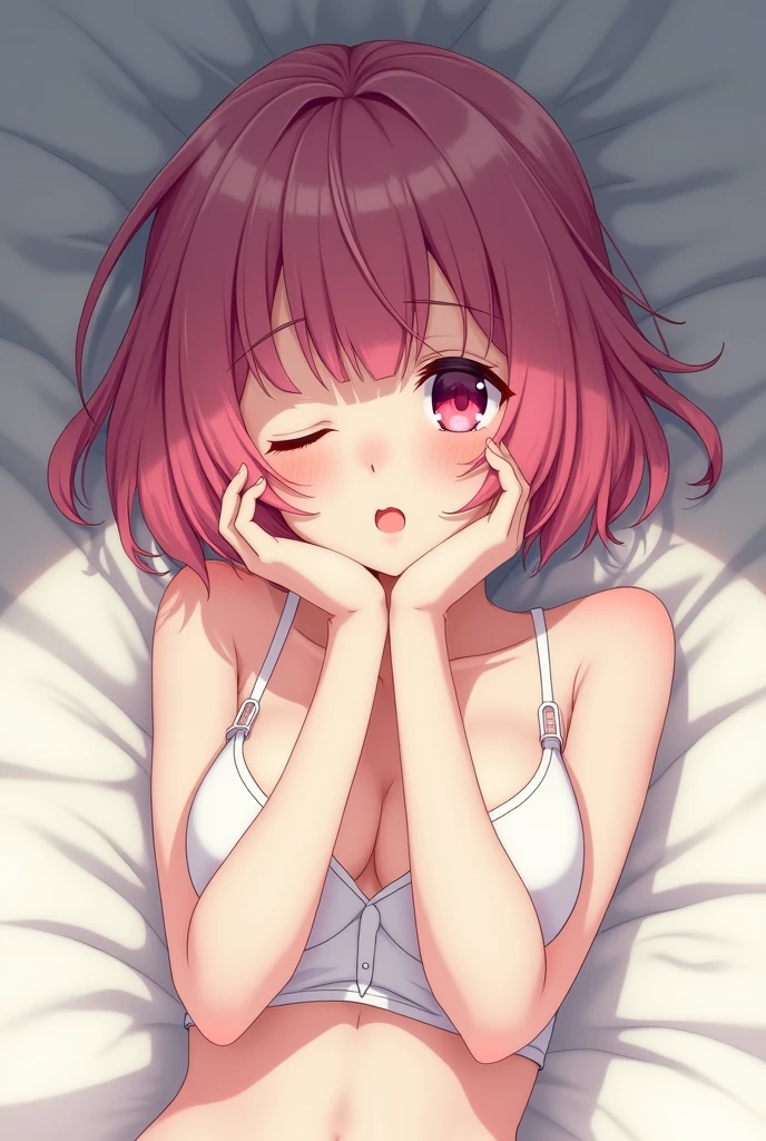 Alone female anime character, short bob hairstyle with wavy texture layered style and bright pink color, Wearing a white bra, pose of raising both hands while lying down