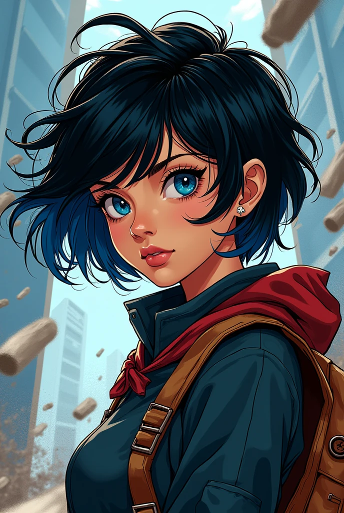 Girl with short black hair with blue highlights, hugging daredevil comic style full body