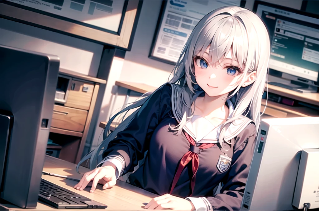 Top quality, long silver haired schoolgirl, uniform, blue eyes, smile,School Computer Room