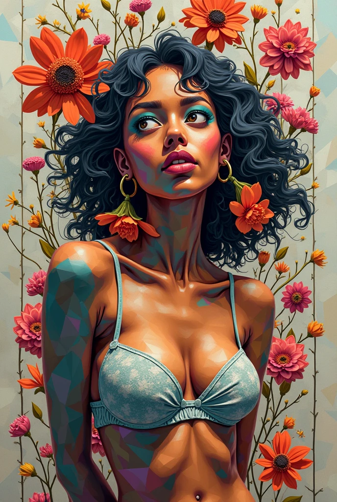 Expressionist artwork images of multiple floating ceramic heads, 3d collage style, make it weird and gallery worthy, ((brown woman)), portrait, absurdres,highres,ultra detailed,ultra-detailed background,detailed background,extremly detailed,1girl,bunch of flowers,(zentangle:1.2),(geometric:1.2) multi-colored color palette, monochromatic, big , cleavage, sideboob, lingerie, realistic depiction, arms behind back, kaleidoscopic, multidimensional, ethereal glow, captivating uniqueness, surreal juxtapositions, visual symphony, unforgettable visual narrative, edgy, mathematical, simple-shaped vectors, highly modern, stylistic, polygonal abstraction, vector art, bold lines, minimalist color scheme, digital art, abstract geometry