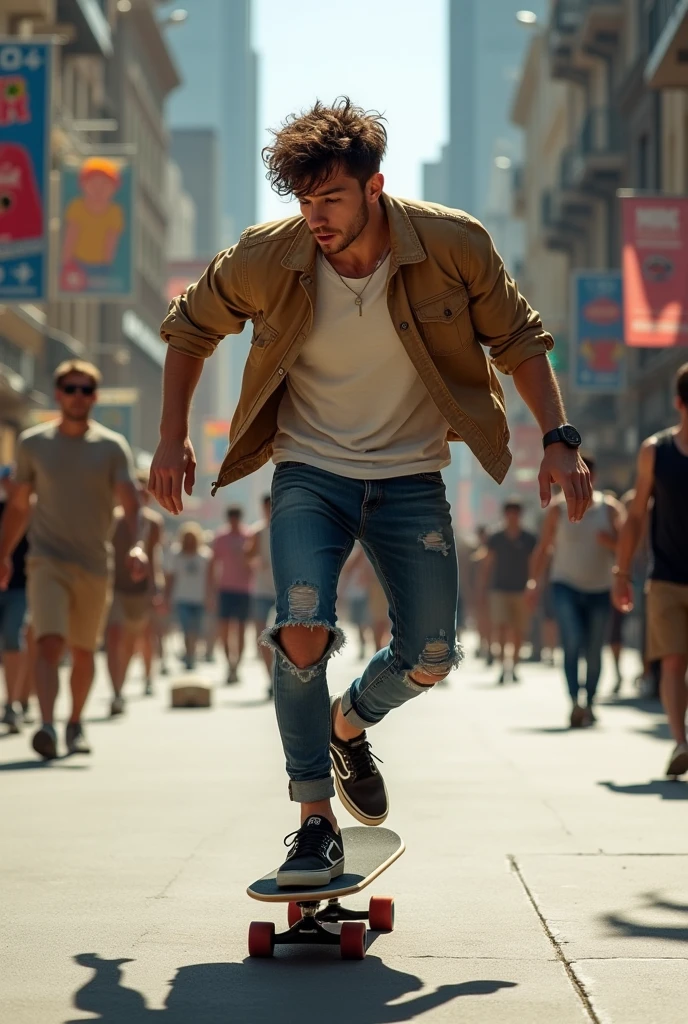 In a bustling city, a young man is skateboarding on a street filled with people and vehicles. He moves with agility and confidence as those around him either watch with interest or perhaps wonder about his skill. This scene reflects a love for the sport and the bravery to stand out in a busy society. Imagine the feelings and thoughts he might have while skateboarding in such a place.
