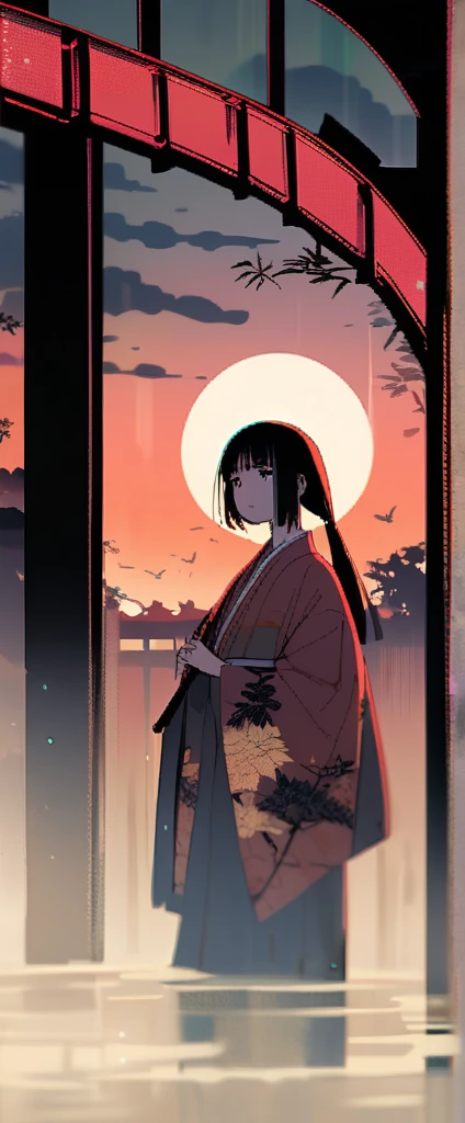 Dynamic ink painting of a Japanese bamboo forest, Great art, Amazing depth, Ground level shot, The most beautiful bamboo forest in the world, Bamboo leaves shining in rainwater, moon\(pale\) In light cloudy weather,alone, Beautiful One\(Aristocrats of Ancient Japan, Beautiful kimono, Beautiful long black hair\) looking up at the moon holding an umbrella,Light rain, Fireflies flying around, Bamboo leaves are arranged three-dimensionally in the foreground., Long Shot,Colorless,whole body、Pink Cheeks、Red kimono