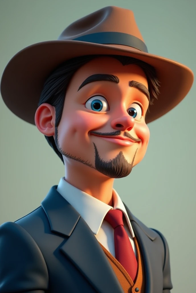 portrait of brad pitt, suite, medium shot, digital model, playful character design style, hard surface modeling, tiago hoisel, wearing a hat, round face, beard around the mouth, slightly smiling, cartoon characters, delicate materials, bright colors