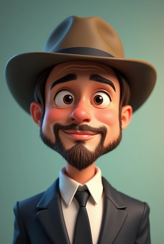 portrait of brad pitt, suite, medium shot, digital model, playful character design style, hard surface modeling, tiago hoisel, wearing a hat, round face, beard around the mouth, slightly smiling, cartoon characters, delicate materials, bright colors