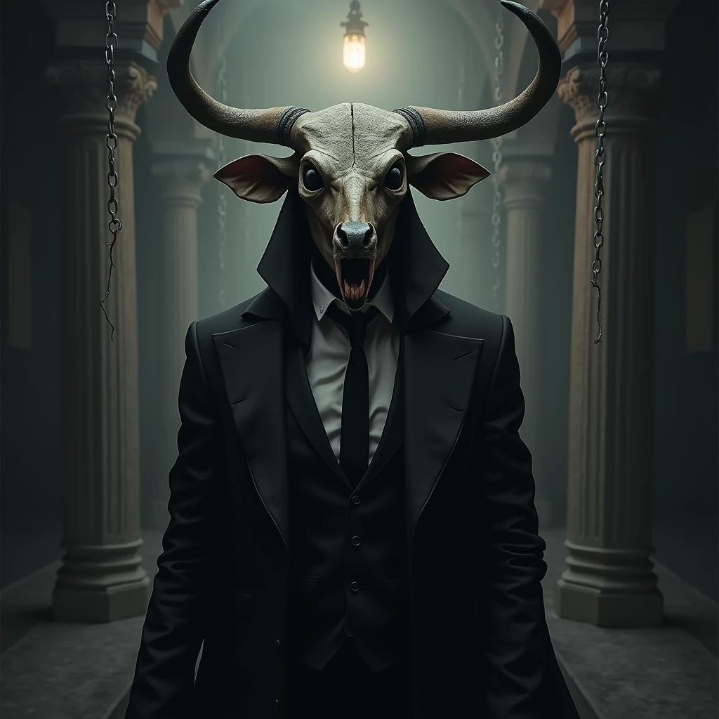 A man in a black suit and a bull skull with a destroyed horn instead of a head, in a dark environment, with chains hanging from the ceiling and a hanging lamp emitting a dim light.
