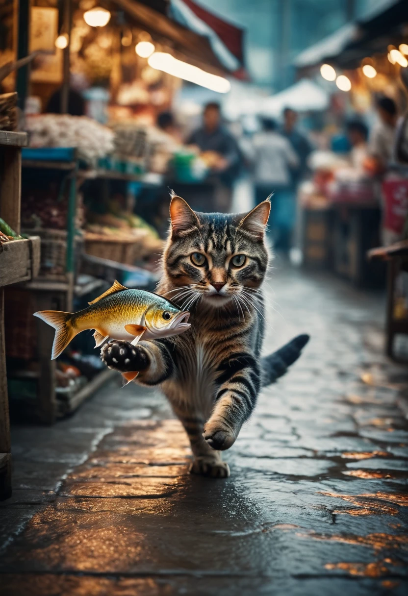 Cinematic still of cat holding fish with paws, running away in a market. . Shallow depth of field, vignette, highly detailed, high budget, bokeh, Cinemascope, moody, epic, gorgeous, film grain, grainy