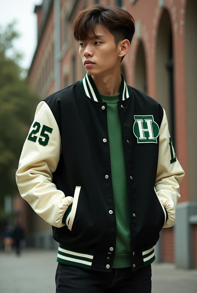 Varsity jacket with black colors and very small touches of apple green for a school with the number 25 on the left arm and cream-colored sleeves