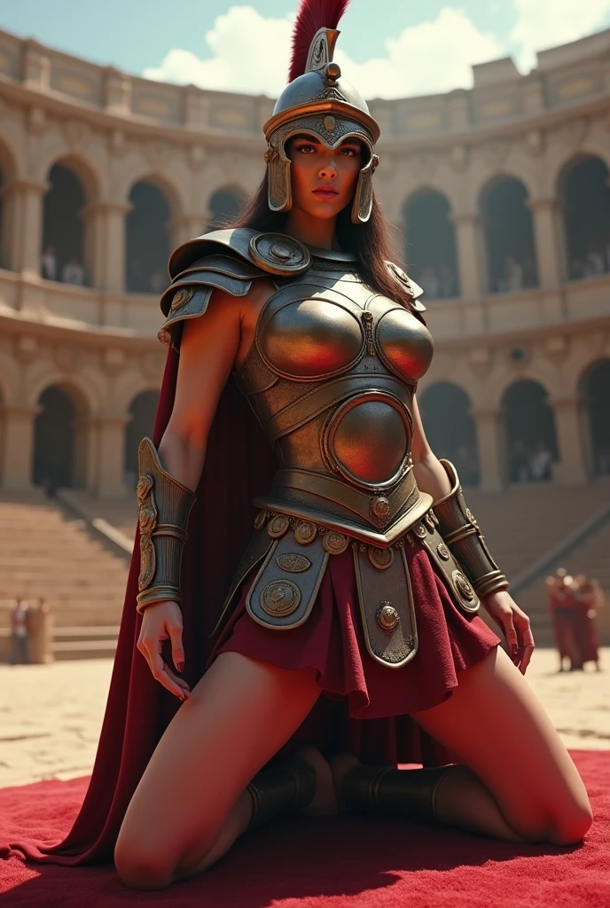 Roman gladiator woman by the red, with an epic position on his knees and with his helmet on 