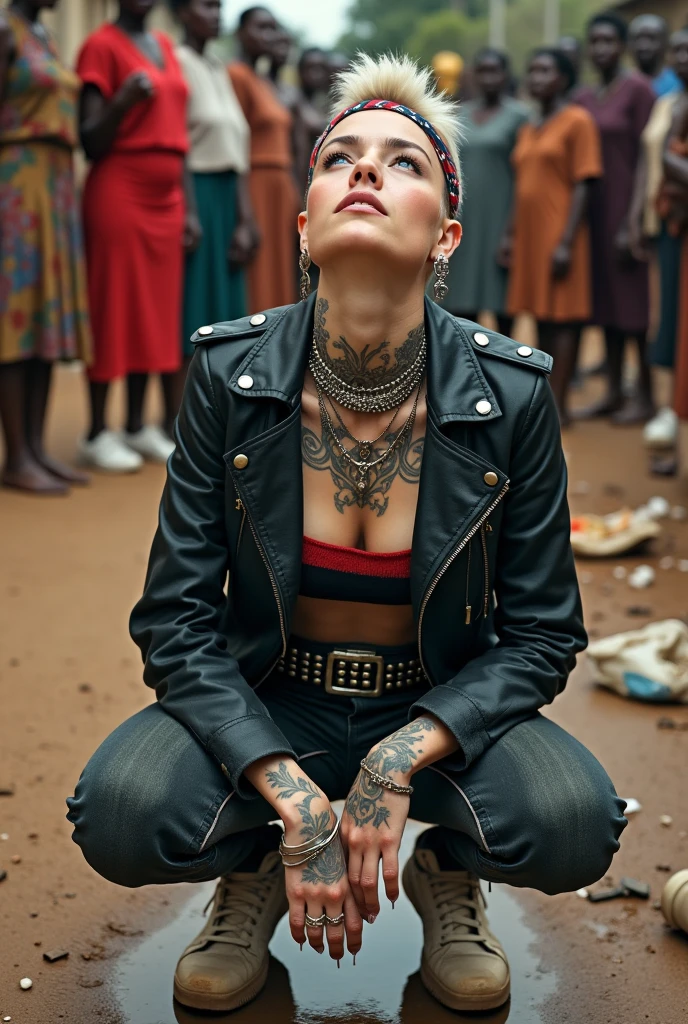 russian milf woman, grey  hair (high pouf, top bun, shaved sides), colourful bandana as headband, with very light blue eyes, extremely pale skin. Wearing cropped aged black moto jacket with lots of zippers and pins, flipped up collar. skinny dark low rise blue jeans. Black and red tight push up bra, Dirty White tennis sneakers. Chain around hips like belts. Dirty knees, dirty feet and muddy hands. Wide studded belt. Squatting on a puddle with hands on her hips, looking up, chin up, stretching her neck , humble facial expression.  Black nail polish. studded black leather tote bag with chain on the floor, next to her.. Listening looking up in amazement to somebody speaking to her from the sky, upper teeth visible. Well toned abdominals, thin neck, slim legs and thin arms. Narrow hips Cleavage, stomach, neck, tigh and hands completely covered with tattoos. Dirt street in Kenyan village full of waste. Lots of silver bracelets, silver pendants and collars around all the beck. A lot of tanned fat women  in traditional dresses around looking at her. next to her, all her belongings scattered on the floor: tobacco packs, makeup kit, little makeup mirror, studded black leather tote bag, lipstick, wallet, moble etc on the floor, point of view; from above