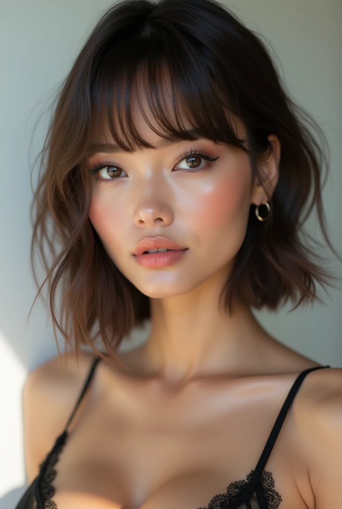 (highest quality、table top、8k、best image quality、Award-winning work)、1 woman、natural makeup、Ultra high definition beauty face、super short hair、Bangs、Super high-definition sparkling eyes、(Super high resolution glossy skin:1.1)、Super high resolution glossy lips、(accurate anatomy:1.1)、(very bright and vivid:1.3)、(Beautiful skin that shines brightly:1.3),(whole body、Bon Kyuk Bon:1.8)、Perfect glowing skin,Perfect Skin,((erotic,Sexy and sexually explicit)), (Big Breasts、Beautiful breasts、Round breasts、Sexy thighs、Beautiful legs:1.8),big breasts and small waist