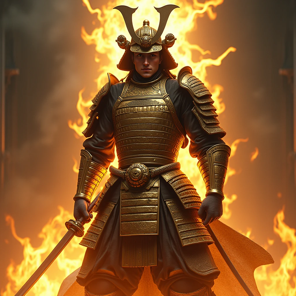 Pour créer l'image réaliste comme une photographie, imaginez un guerrier farouche, vêtu d'une armure de samouraï doré et brillante, qui capte la lumière d'une manière captivante. Il tient un katana japonai. Autour de lui, des flammes tourbillonnent qui accentuent sa présence unique et intimidante. L'arrière-plan contient son nom " ARMADA ", qui est inscrit en lettres gothiques, ajoutant une touche mystérieuse à l'ensemble de l'image. Cette composition évoque à la fois le chaos de son univers, la force et la singularité de ce personnage fascinant.