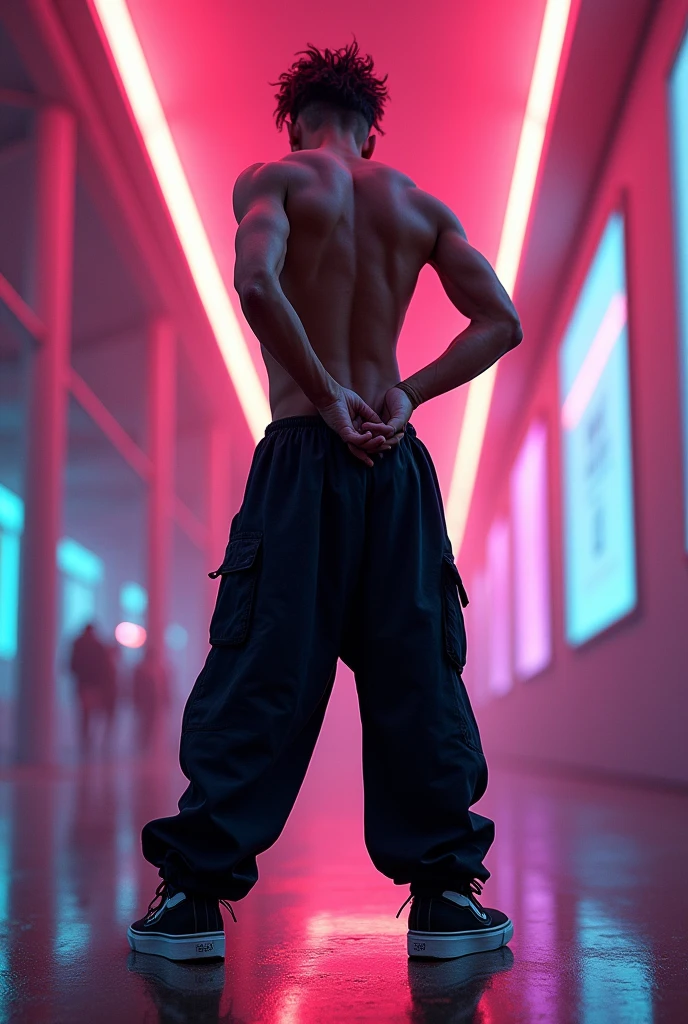Man with his back turned fully clothed, with skater shoes and loose black pants, putting his hand up his butt under his pants, but full-bodied and with a futuristic rapper-style cover with funky auras