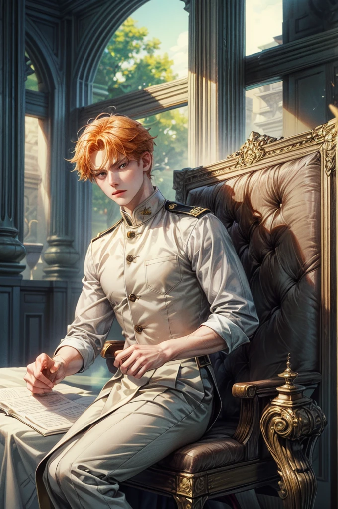 For sale: A young man with shoulder-length orange hair, light grey eyes, wearing a student council president uniform, with an indifferent face.