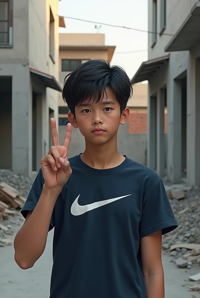 A age boy is posing outdoors in an area with concrete walls and a cement floor. He is wearing a dark blue t-shirt with the Nike symbol in white.. The young man has short hair and is making a peace gesture with his raised left hand. Ao fundo, there is a wall with exposed bricks and some construction materials scattered around, giving the impression of a simple residential environment under construction. The young man&#39;s expression is serious and he looks directly at the camera..