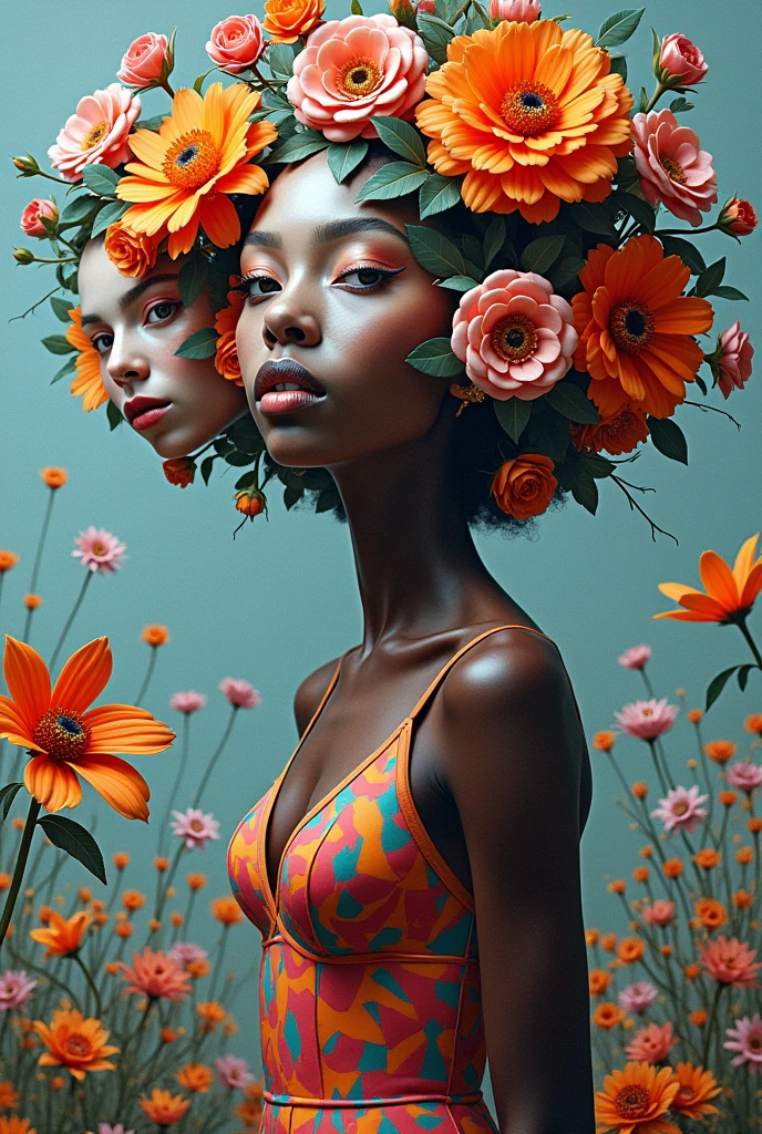 Expressionist artwork images of multiple floating ceramic heads, 3d collage style, make it weird and gallery worthy, ((black woman)), portrait, absurdres,highres,ultra detailed,ultra-detailed background,detailed background,extremly detailed,1girl,bunch of flowers,(zentangle:1.2),(geometric:1.2) multi-colored color palette, monochromatic, big , cleavage, sideboob, lingerie, realistic depiction, arms behind back, kaleidoscopic, multidimensional, ethereal glow, captivating uniqueness, surreal juxtapositions, visual symphony, unforgettable visual narrative, edgy, mathematical, simple-shaped vectors, highly modern, stylistic, polygonal abstraction, vector art, bold lines, minimalist color scheme, digital art, abstract geometry
