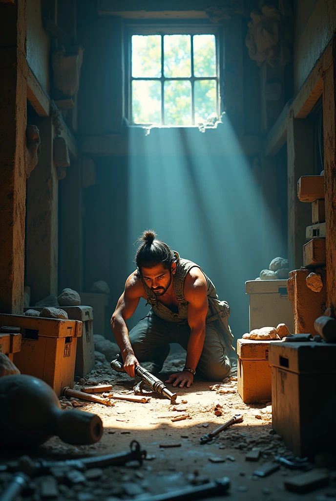 'Generate a cinematic 3d cartoon style " Ravi scavenging for weapons: Ravi crouches inside an old, decrepit building, rummaging through boxes and crates to find weapons. The room is filled with shadows and light beams filtering through broken windows.