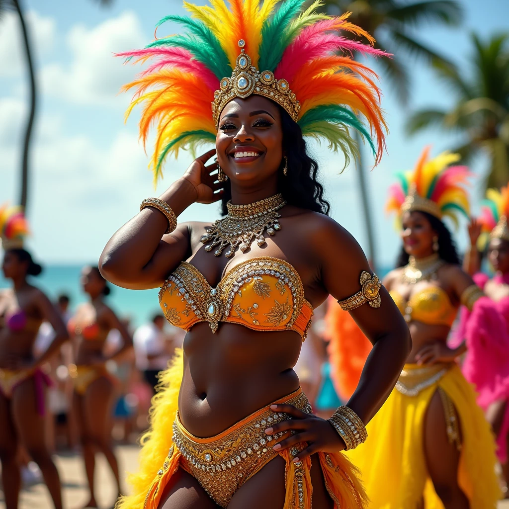 A photo of a woman with dark skin and a radiant glow, performing at the Trinidad Carnival. She has a curvy and strong figure, exuding confidence and pride. She is wearing an elaborate, colorful carnival costume that accentuates her curves, adorned with intricate beadwork, sequins, and feathers. The costume features a bold headdress with a large plume of multicolored feathers in shades of yellow, green, blue, red, and orange. Her outfit is form-fitting, decorated with sparkling gems and intricate patterns that highlight her shape. She confidently poses with one hand on her head, exuding joy and celebration. The background captures the lively atmosphere of the carnival, with palm trees, the ocean, and other participants in bright costumes, all set against a sunny, tropical backdrop. The lighting enhances the richness of her dark skin and the vibrancy of her costume, creating a scene full of life and color.