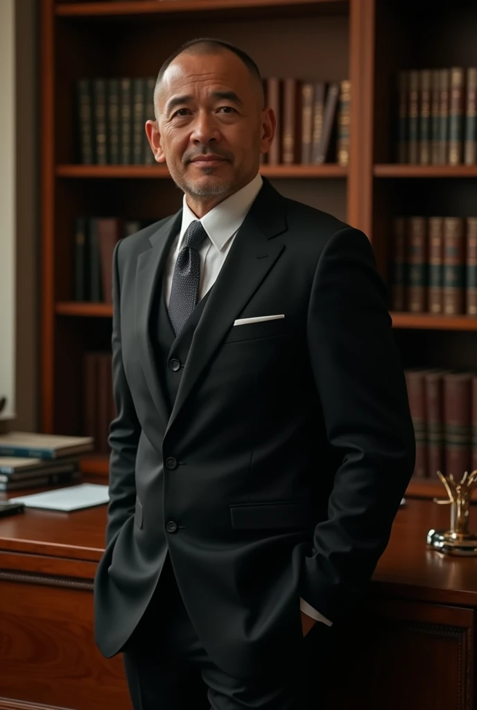 A man with a mature appearance (50 years) slim build, with a black three-piece suit, the hair looks very short, His shaved haircut on the sides and a small fringe stand out. he stands to the side of a wooden desk, Behind a bookshelf. The environment that surrounds him is of a (modern office) shining with light, the man's impressive appearance looks majestic, Impressive realism. (Best Quality,4k,8k,High resolution,masterpiece:1.2),ultra detailed,(realist,photorealist,photo-realist:1.37),HdR,studio lighting,extremely detailed face and body., portrait,cinematic lighting,dramatic lighting,warm color tones,dramatic colors