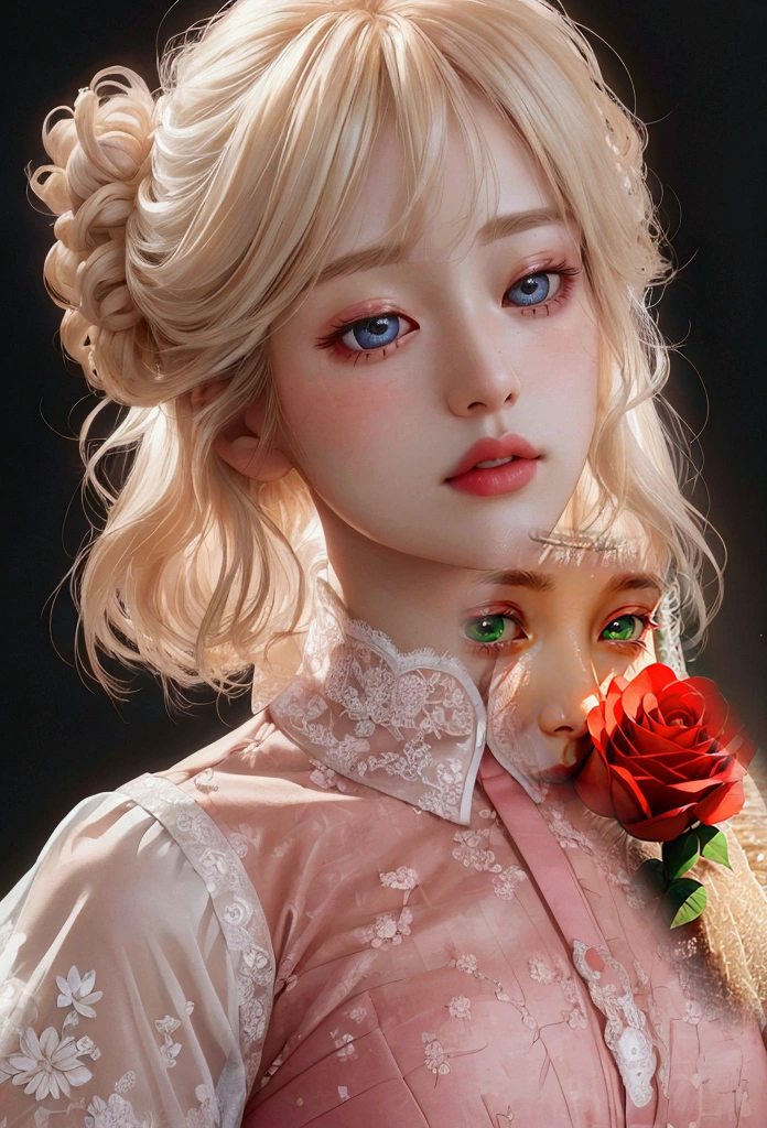 A detailed red rose with dewy petals, lush green leaves, exquisite natural textures, masterpiece, ultra-detailed, photorealistic, 8k, studio lighting, vivid colors, dynamic composition, close-up view, natural lighting, dramatic shadows, ambient occlusion, cinematic mood, ethereal, romantic, oil painting, digital art