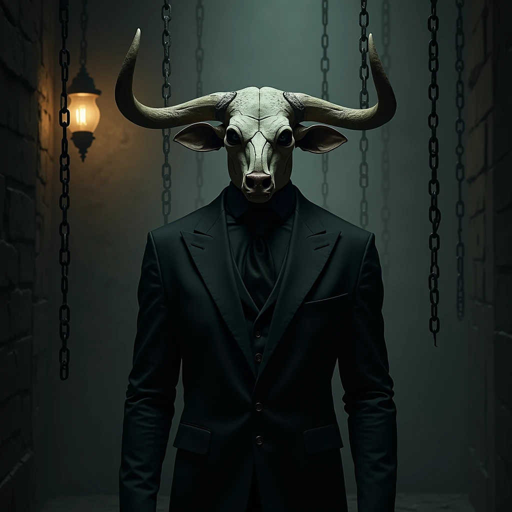 A man in a black suit and a bull skull with a destroyed horn instead of a head, in a dark environment, with chains hanging from the ceiling and a hanging lamp emitting a dim light.