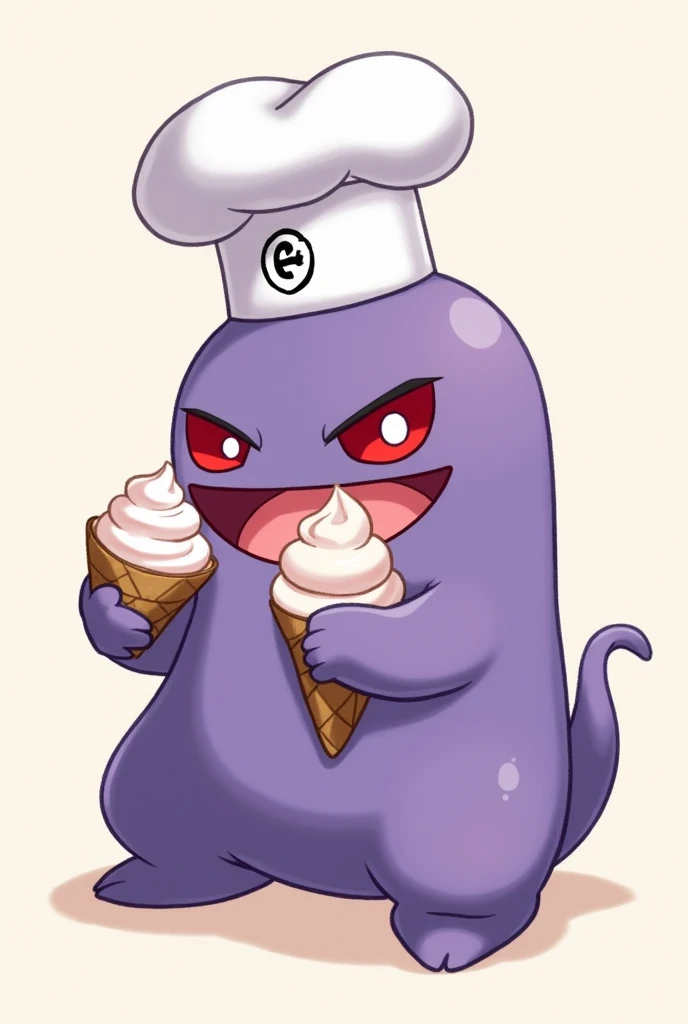 Cute Gengar character eating ice cream with chef hat for logo without background
