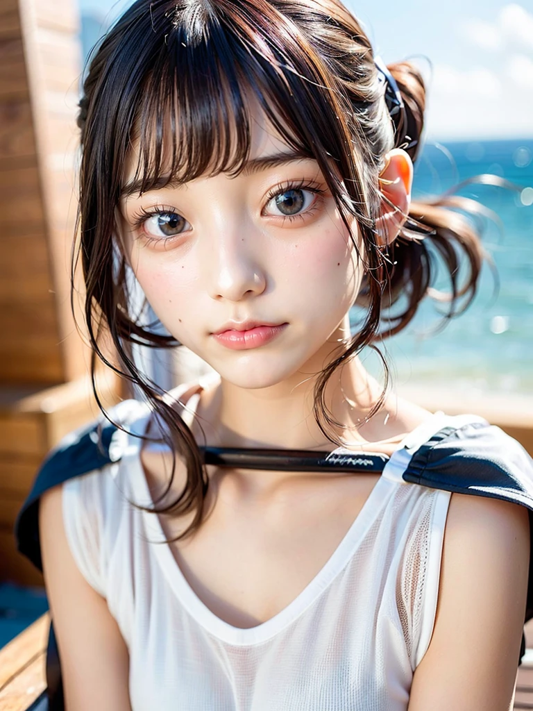 One Girl,(とてもcute少女:1.3),masterpiece,Highest quality,High resolution,Photorealistic,RAW Photos,Ray Tracing,Physically Based Rendering,beautiful girl,(:1.3),cute,Big eyes,(detailed pupils:1.2),(The face is facing sideways:1.3),Body facing sideways,Beautiful nose,High nose,Upturned nose,Fuller lips,Short black hair,ponytail,short hair,Detailed eyelashes,Thin eyebrows,Very fine grain definition,(Golden Ratio:1.3),(Face close-up,Face Focus:1.0),Small breasts,Slim figure,Short neck,White swimsuit,White Bikini,Ocean,Southern Island,Blue sky,White cloud,Portrait,View Viewer,Upper Body,Cinema Lighting,High resolution,Very detailed