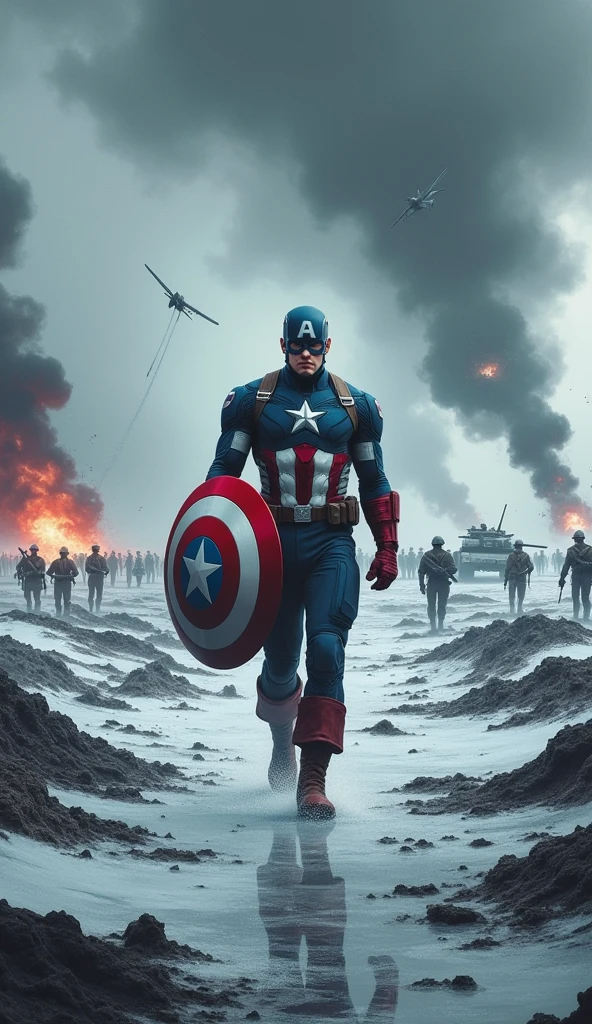 Depict Captain America walking through a battlefield frozen in time, with a striking contrast between his vibrant presence and the static, monochromatic world around him. Captain America is at the center of the image, moving forward with purpose, his shield at the ready, and his face set in a serious, contemplative expression as he surveys the scene.
The battlefield around him is filled with soldiers in mid-action—some caught in the act of charging, others frozen as they fall, and a few locked in intense combat. Explosions are suspended in mid-air, with debris and shrapnel hanging motionless, capturing the violence of the moment in perfect stillness. The scene should convey a sense of chaos halted in its tracks, with everything except Captain America frozen as if time itself has been paused.
The colors of the battlefield are muted, almost black and white, emphasizing the eerie stillness. In contrast, Captain America remains in full, vibrant color, his red, white, and blue uniform standing out against the desaturated background. The ground beneath him shows the scars of battle—craters, torn earth, and scattered weapons—highlighting the devastation around him.
A faint, distorted ripple effect should emanate from Captain America as he moves, subtly indicating his control over time. In the distance, the outlines of tanks and warplanes can be seen, also frozen in time, with trails of smoke hanging motionless in the air. The sky above is dark and foreboding, with thick clouds that seem to press down on the scene, adding to the oppressive atmosphere.
The overall composition should evoke a sense of both power and isolation, as Captain America navigates through a moment torn from the flow of time, reflecting on the consequences of his newfound ability.