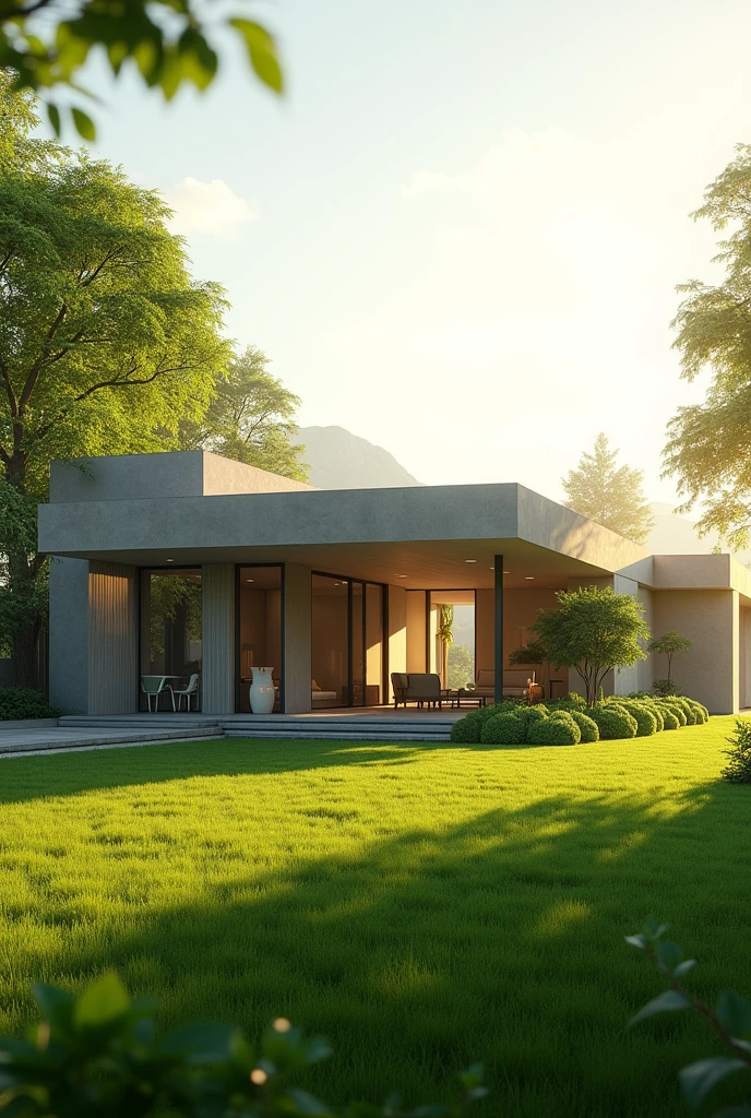 A sleek, minimalist modern home with a simple facade bathed in the warm glow of morning sunlight. Lush green lawns stretch out before the house, vibrant and teeming with life. The scene is rendered in ultra-realistic detail, capturing every nuance of texture and light, with an 8k resolution for unparalleled clarity.